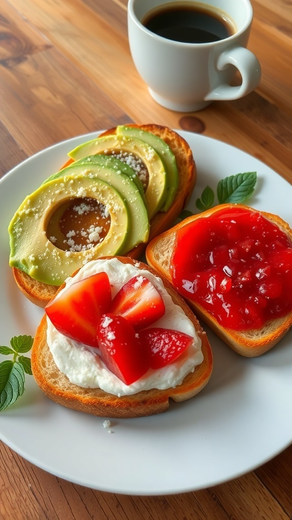 Two slices of toast, one with avocado and the other with jam, on a rustic table with coffee.